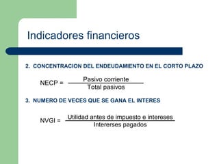Indicadores financieros 2.  CONCENTRACION DEL ENDEUDAMIENTO EN EL CORTO PLAZO 3.  NUMERO DE VECES QUE SE GANA EL INTERES 