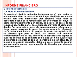 INFORME FINANCIERO
D- Informe Financiero
D.3 Nivel de Endeudamiento
En cuanto al nivel de endeudamiento se observó que Leader ha
mantenido el nivel de deudas, es decir que el 64% de los activos
totales han sido financiados por terceros, este nivel se
considera bueno si la rentabilidad del accionista es mayor al
costo del financiamiento por deuda, es decir si el costo de los
recursos aportados por el accionista son mayores al costo de la
deuda. Por otro lado el nivel de apalancamiento refleja que el
riesgo recae mayormente sobre los acreedores y lo refuerza la
razón antes mencionada. Al analizar la razón de capitalización
se observa que para el 2020, las deudas con terceros
representaron solo el 36% dentro de la estructura de capital, lo
cual fue positivo si se compara con el año 2019. Se sugiere que
la empresa se mantenga con un porcentaje no tan elevado, en
lo que a esta razón respecta, debido a que si aumenta en gran
manera podría causar una situación de iliquidez que afectaría
las operaciones.
20
 