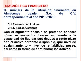 DIAGNÓSTICO FINANCIERO
C. Análisis de la situación financiera en
Almacenes Leader, S.A. de C.V.
correspondiente al año 2019-2020.
C.1 Razones de Liquidez.
C.1.1. Razón Corriente
Con el siguiente análisis se pretende conocer
cómo se encuentra Leader en cuanto a la
capacidad de liquidar sus deudas a corto plazo
con el activo corriente disponible, que nivel de
apalancamiento y nivel de rentabilidad posee,
así como la forma de administrar los activos.
4
 