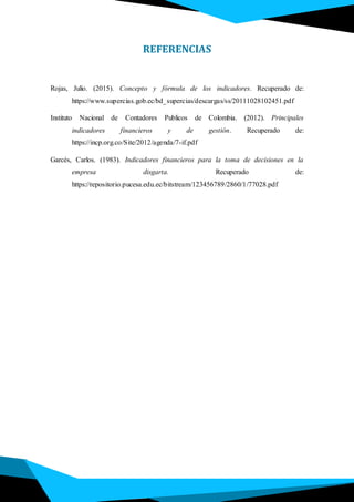 REFERENCIAS
Rojas, Julio. (2015). Concepto y fórmula de los indicadores. Recuperado de:
https://www.supercias.gob.ec/bd_supercias/descargas/ss/20111028102451.pdf
Instituto Nacional de Contadores Publicos de Colombia. (2012). Principales
indicadores financieros y de gestión. Recuperado de:
https://incp.org.co/Site/2012/agenda/7-if.pdf
Garcés, Carlos. (1983). Indicadores financieros para la toma de decisiones en la
empresa disgarta. Recuperado de:
https://repositorio.pucesa.edu.ec/bitstream/123456789/2860/1/77028.pdf
 