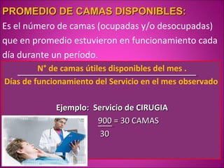 PROMEDIO DE CAMAS DISPONIBLES:
Es el número de camas (ocupadas y/o desocupadas)
que en promedio estuvieron en funcionamiento cada
día durante un período.
         N° de camas útiles disponibles del mes .
Días de funcionamiento del Servicio en el mes observado

             Ejemplo: Servicio de CIRUGIA
                       900 = 30 CAMAS
                        30
 