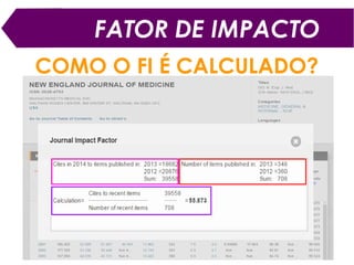 FATOR DE IMPACTO
Consultas ao FI podem ser realizadas na interface do
Journal Citation Reports (JCR)
 