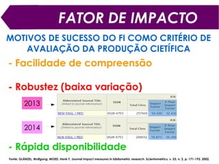 ÍNDICE H
O QUE É?
H é o número de artigos
publicados por um pesquisador
que obtenha um total de
citações igual ou superior a H
Indicador de produtividade e impacto de um cientista
Fonte: HIRSCH, J.E. An index to quantify an individual's scientific research output. Proceedings of the National Academy of
Sciences of the United States of America, v. 102, n.46, p. 16569-16572, Nov. 2005.
 