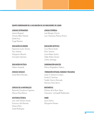 EQUIPO COORDINADOR DE LA VALIDACIÓN DE LOS INDICADORES DE LOGRO

LENGUAS EXTRANJERAS 			                    LENGUA ESPAÑOLA
Jeanne Bogaert				                         José Remigio García
Antonia Albert Batista			 	                Juan Generoso Polanco Rivera
Zarife Kury
Ángel Ramírez 				

EDUCACIÓN EN GÉNERO				                    EDUCACIÓN ARTÍSTICA
Esperanza Suero Terrero	 	                 Cruz María Dotel
Ana Jiménez 					                          Elvira Taveras
Margarita Almonte				                      Juana Reyes Santos
Ana Isidra Sánchez				                     Gilda Matos Terrero
						                                     Carlos Santiago

EDUCACIÓN EN FÍSICA				                    COORDINACIÓN ADULTOS
Nelson Acevedo				                         María Magdalena Valerio				
			
CIENCIAS SOCIALES			                  	    FORMACIÓN INTEGRAL HUMANA Y RELIGIOSA
Javiel Elena Morales                      	 Loida A. Santana Cordero		
						                                      Farida D. Sánchez
						                                      Freddy García Alvarado
						                                      Mariano Nina Sierra					

CIENCIAS DE LA NATURALEZA 			              MATEMÁTICA
Ramonita Constancia Figueroa		             Dolores de la Rosa Tapia
Marcos Rosa Ramos			                       Geovanny Lachapell Maldonado
	
ASISTENCIA TÉCNICA				                     UNIBE
Juan José Gómez Acosta    		               Laura Sartori
Francisco Julio Bautista 			               Margarita Heinsen
Yahaira Peña		
Susati Rodríguez

                                                                                   43
 