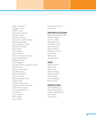 Sandy Quezada H.                   Amado Metz Fortuna
Milagros I. Durán                  Elvira López
Rafael C. Sosa
Esperanza C. Ventura               DIRECTORES/AS DE CENTROS
Martina Tavárez                    Miguel Acevedo Bobadilla
Elba María Vásquez                 Elízabeth Adames
Germania González Álvarez          Carmen Ovalle
Raquel Juma Samuel                 Alejandrina Cruz
Lidia E. Escolástico Mejía         Ana Delcy Acosta
Felicia del C. Peralta             Ramona Jiménez
Otasia Mejía                       Elena A. Minaya
Maura Payano                       Orfilia Díaz Garay
José R. Rosado C.                  Sayra Estela
Eleuterio Fernández Acevedo        Paula Acosta
Ángel Carlito Pichardo             Luz Yadira Simó
Remberto A. Reyes
Bukis E. Alberto                   APMAE
Rosa Elena Ramona Adames Jiménez   Máximo Ventura
Emiliano Durán                     Juan García
Ramona Alt. Santana F.             Alfonso Lora
Rosa Elba Rosario                  Ileana V. Antigua
Herminia Paredes M.                Margarita Durán
Maritza Hurtado                    Primitivo Botier
Milady Rodríguez Colón             Ciriaco Rodríguez
Joselaine Rosa                     Emma Álvarez
Cándida Paula soriano
Valentina Gómez Hernández          DOCENTES LA VEGA			
Ceferina Flores Tejada             Josefina Méndez B.			
Carmen Nelia García                Antigua Batista Brito 			
Anny Persia                        Carmen Virelza Polanco 		
Maura Peralta                      Líliam Aquino 			
Mario Bonilla                      Gleny Núñez 				
Leonor Mesa




                                                               49
 