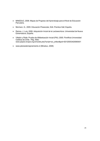  
 
24
• MINEDUC, 2008. Mapas de Progreso del Aprendizaje para el Nivel de Educación
Parvularia.
• Morrison, G., 2005. Educación Preescolar, Edit. Prentice Hall, España.
• Ramos, J. Luis, 2008. Adquisición Inicial de la Lectoescritura. Universidad de Nueva
Extremadura, España.
• Villalón y Rolla. Prueba de Alfabetización Inicial (PAI). 2000. Pontificia Universidad
Católica de Chile. Pág. Web:
www.pepsic.bvspsi.org.br/scielo.php?script=sci_arttext&pid=S0120053420060001
• www.planesdemejoramiento.cl (Mineduc, 2008)
 