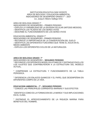 INSTITUCION EDUCATIVA SAN VICENTE
AREA DE BIOLOGIA Y EDUCACION AMBIENTAL
INDICADORES DE DESEMPEÑO GRADO 7° - 2021
Lic. Joaquín Albeiro Gallego Ortíz
AREA DE BIOLOGIA GRADO 7°
INDICADORES DE DESEMPEÑO – PRIMER PERIODO
- EXPLICA LA VARIABILIDAD DE LA DIVISION CELULAR (MITOSIS MEISOIS)
- IDENTIFICA LOS TEJIDOS DE LOS SERES VIVOS
- DESCRIBE EL FUNCIONAMIENTO DE LOS SERES VIVOS
EDUCACION AMBIENTAL GRADO 7°
INDICADORES DE DESEMPEÑO - PRIMER PERIODO
- RECONOCE LA IMPORTANCIA DE LA CONSERVACIÓN DEL SUELO
- IDENTIFICA LAS DIFERENTES FUNCIONES QUE TIENE EL AGUA EN EL
MEDIO AMBIENTE
- EXPLICA LOS DIFERENTES CICLOS DE LA NATURALEZA
AREA DE BIOLOGIA GRADO 7°
INDICADORES DE DESEMPEÑO – SEGUNDO PERIODO
* RECONOCE LOS DIFERNTES MODELOS ATOMICOS Y DISTINGUE EN ELLOS
LOS AJUSTES QUE CONTRIBUYERON A LA ESTRUCTURA DEL MODELO
ACTUAL.
* COMPRENDE LA ESTRUCTURA Y FUNCIONAMIENTO DE LA TABLA
PERIODICA.
* DIFERENCIA LOS ENLACES QUIMICOS Y EL PAPEL QUE DESEMPEÑAN EN
DIFERENTES CAMPO DE LA VIDA.
EDUCACIOIN AMBIENTAL - 7° - SEGUNDO PERIODO
* CONOCE LAS PRINCIPALES CORRIENTES MARINAS Y SUS EFECTOS
* IDENTIFICA COMO ES LA FORMACION DE LA MAREA Y SUS IMPLICACIONES
EN EL CLIMA.
* DISTINGUE EL APROVECHAMIENTO DE LA RIQUEZA MARINA PARA
BENEFICIO DEL HOMBRE.
 