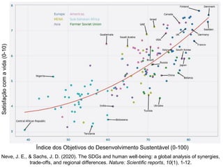 Neve, J. E., & Sachs, J. D. (2020). The SDGs and human well-being: a global analysis of synergies,
trade-offs, and regional differences. Nature: Scientific reports, 10(1), 1-12.
Índice dos Objetivos do Desenvolvimento Sustentável (0-100)
Satisfação
com
a
vida
(0-10)
 