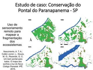 Estudo de caso: Conservação do
Pontal do Paranapanema - SP
Uso de
sensoriamento
remoto para
mapear a
fragmentação
dos
ecossistemas
Nascimento, A. T. A.;
Cullen Junior, L.; Souza,
M. G.; Rezende, G. C.
Um bom pontal para
todos. O mapa dos
sonhos a luz do Novo
Código Florestal. IPÊ.
2015.
 