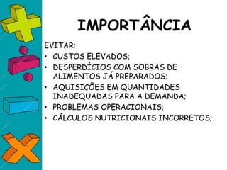 IMPORTÂNCIA
EVITAR:
• CUSTOS ELEVADOS;
• DESPERDÍCIOS COM SOBRAS DE
ALIMENTOS JÁ PREPARADOS;
• AQUISIÇÕES EM QUANTIDADES
INADEQUADAS PARA A DEMANDA;
• PROBLEMAS OPERACIONAIS;
• CÁLCULOS NUTRICIONAIS INCORRETOS;
 