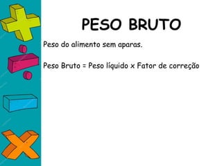 PESO BRUTO
Peso do alimento sem aparas.
Peso Bruto = Peso líquido x Fator de correção
 