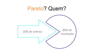 Pareto? Quem?
20%
de
esforç
o
80% de
resultados
20% de esforço
 