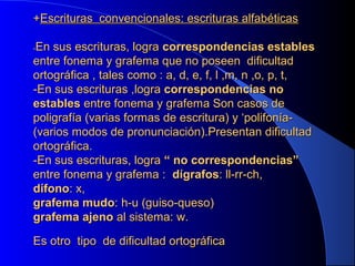 +Escrituras convencionales: escrituras alfabéticas
En sus escrituras, logra correspondencias estables
entre fonema y grafema que no poseen dificultad
ortográfica , tales como : a, d, e, f, l ,m, n ,o, p, t,
-En sus escrituras ,logra correspondencias no
estables entre fonema y grafema Son casos de
poligrafía (varias formas de escritura) y ‘polifonía(varios modos de pronunciación).Presentan dificultad
ortográfica.
-En sus escrituras, logra “ no correspondencias”
entre fonema y grafema : dígrafos: ll-rr-ch,
dífono: x,
grafema mudo: h-u (guiso-queso)
grafema ajeno al sistema: w.
-

Es otro tipo de dificultad ortográfica

 