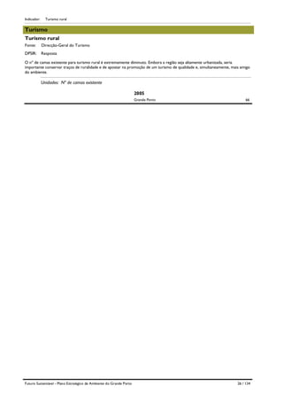 Indicador:

Turismo rural

Turismo
Turismo rural
Fonte:

Direcção-Geral do Turismo

DPSIR:

Resposta

O nº de camas existente para turismo rural é extremamente diminuto. Embora a região seja altamente urbanizada, seria
importante conservar traços de ruralidade e de apostar na promoção de um turismo de qualidade e, simultaneamente, mais amigo
do ambiente.

Unidades: Nº de camas existente
2005
Grande Porto

Futuro Sustentável - Plano Estratégico de Ambiente do Grande Porto

66

26 / 134

 