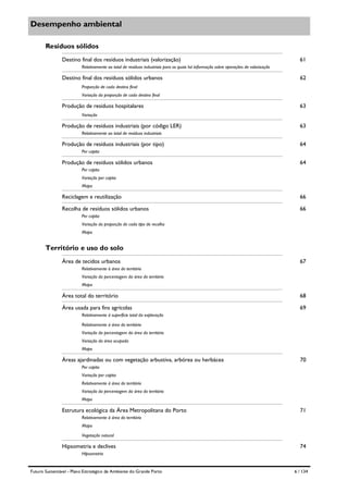 Desempenho ambiental
Resíduos sólidos
Destino final dos resíduos industriais (valorização)

61

Relativamente ao total de resíduos industriais para os quais há informação sobre operações de valorização

Destino final dos resíduos sólidos urbanos

62

Proporção de cada destino final
Variação da proporção de cada destino final

Produção de resíduos hospitalares

63

Variação

Produção de resíduos industriais (por código LER)

63

Relativamente ao total de resíduos industriais

Produção de resíduos industriais (por tipo)

64

Per capita

Produção de resíduos sólidos urbanos

64

Per capita
Variação per capita
Mapa

Reciclagem e reutilização

66

Recolha de resíduos sólidos urbanos

66

Per capita
Variação da proporção de cada tipo de recolha
Mapa

Território e uso do solo
Área de tecidos urbanos

67

Relativamente à área do território
Variação da percentagem da área do território
Mapa

Área total do território

68

Área usada para fins agrícolas

69

Relativamente à superfície total da exploração
Relativamente à área do território
Variação da percentagem da área do território
Variação da área ocupada
Mapa

Áreas ajardinadas ou com vegetação arbustiva, arbórea ou herbácea

70

Per capita
Variação per capita
Relativamente à área do território
Variação da percentagem da área do território
Mapa

Estrutura ecológica da Área Metropolitana do Porto

71

Relativamente à área do território
Mapa
Vegetação natural

Hipsometria e declives

74

Hipsometria

Futuro Sustentável - Plano Estratégico de Ambiente do Grande Porto

6 / 134

 