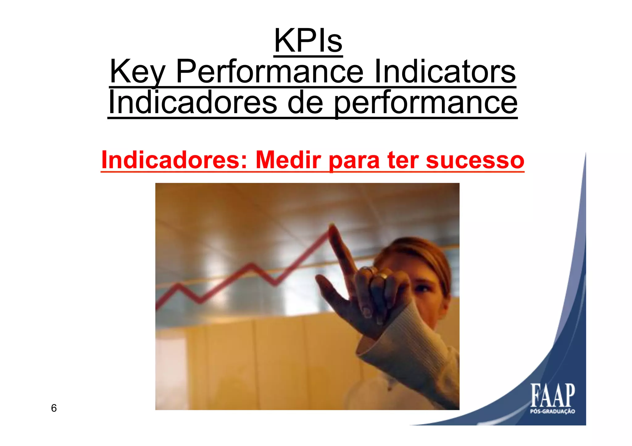 KPIs
Key Performance Indicators
Indicadores de performance
Indicadores: Medir para ter sucesso
6
 