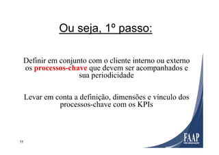 11
Definir em conjunto com o cliente interno ou externo
os processos-chave que devem ser acompanhados e
sua periodicidade
Levar em conta a definição, dimensões e vínculo dos
processos-chave com os KPIs
Ou seja, 1º passo:
 