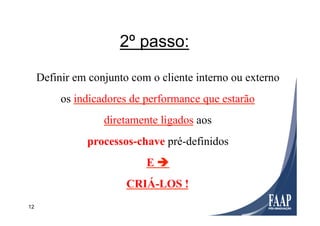 12
Definir em conjunto com o cliente interno ou externo
os indicadores de performance que estarão
diretamente ligados aos
processos-chave pré-definidos
E è
CRIÁ-LOS !
2º passo:
 