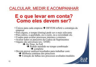 13
• Únicos para cada empresa è DEVEM refletir a estratégia da
empresa
• Para alguns, o tempo (timing) pode ser o mais relevante
• Para outros, a qualidade, ou o custo, ou a ociosidade etc.
• Usados para avaliar processos internos e externos
• Avaliar todos os parceiros da Cadeia de Suprimentos
• Alguns são universais (ex.: OTIF)
è On Time, In Full
è Pedido atendido no tempo combinado
è completo
• Devem prover análises/resultados para trabalhar com:
è Melhoria contínua dos processos
è Correção de falhas nos processos avaliados/medidos
CALCULAR, MEDIR E ACOMPANHAR
E o que levar em conta?
Como eles devem ser?
 