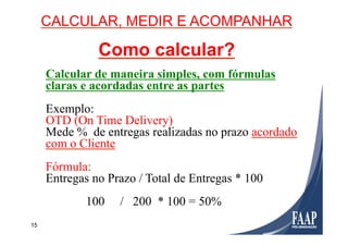 15
CALCULAR, MEDIR E ACOMPANHAR
Como calcular?
Calcular de maneira simples, com fórmulas
claras e acordadas entre as partes
Exemplo:
OTD (On Time Delivery)
Mede % de entregas realizadas no prazo acordado
com o Cliente
Fórmula:
Entregas no Prazo / Total de Entregas * 100
100 / 200 * 100 = 50%
 