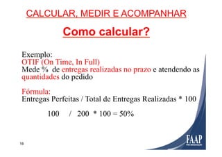 16
CALCULAR, MEDIR E ACOMPANHAR
Como calcular?
Exemplo:
OTIF (On Time, In Full)
Mede % de entregas realizadas no prazo e atendendo as
quantidades do pedido
Fórmula:
Entregas Perfeitas / Total de Entregas Realizadas * 100
100 / 200 * 100 = 50%
 