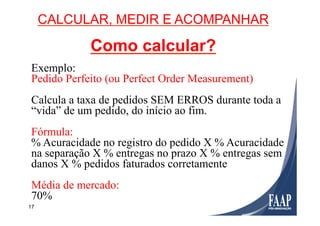 17
CALCULAR, MEDIR E ACOMPANHAR
Como calcular?
Exemplo:
Pedido Perfeito (ou Perfect Order Measurement)
Calcula a taxa de pedidos SEM ERROS durante toda a
“vida” de um pedido, do início ao fim.
Fórmula:
% Acuracidade no registro do pedido X % Acuracidade
na separação X % entregas no prazo X % entregas sem
danos X % pedidos faturados corretamente
Média de mercado:
70%
 