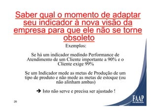 26
Saber qual o momento de adaptar
seu indicador à nova visão da
empresa para que ele não se torne
obsoleto
Exemplos:
Se há um indicador medindo Performance de
Atendimento de um Cliente importante a 90% e o
Cliente exige 99%
Se um Indicador mede as metas de Produção de um
tipo de produto e não mede as metas de estoque (ou
não alinham ambas)
è Isto não serve e precisa ser ajustado !
 