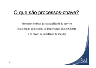 8
Processos críticos para a qualidade do serviço
relacionado com o grau de importância para o Cliente
e os níveis de satisfação do mesmo
O que são processos-chave?
 
