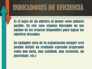 Es el logro de un objetivo al menor costo unitario
posible. En este caso estamos buscando un uso
optimo de los recursos disponibles para lograr los
objetivos deseados.

En cualquier área de la organización siempre será
posible definir un resultado esperado (expresado
como una meta, una cantidad, una variación, un
porcentaje, etc.)
 