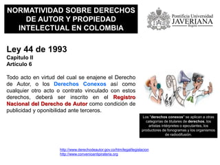 NORMATIVIDAD SOBRE DERECHOS
DE AUTOR Y PROPIEDAD
INTELECTUAL EN COLOMBIA
Ley 44 de 1993
Capitulo II
Artículo 6
Todo acto en virtud del cual se enajene el Derecho
de Autor, o los Derechos Conexos así como
cualquier otro acto o contrato vinculado con estos
derechos, deberá ser inscrito en el Registro
Nacional del Derecho de Autor como condición de
publicidad y oponibilidad ante terceros.
http://www.derechodeautor.gov.co/htm/legal/legislacion
http://www.convenioantipirateria.org
Los "derechos conexos" se aplican a otras
categorías de titulares de derechos, los
artistas intérpretes o ejecutantes, los
productores de fonogramas y los organismos
de radiodifusión.
 