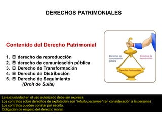 DERECHOS PATRIMONIALES
Contenido del Derecho Patrimonial
1. El derecho de reproducción
2. El derecho de comunicación pública
3. El Derecho de Transformación
4. El Derecho de Distribución
5. El Derecho de Seguimiento
(Droit de Suite)
La exclusividad en el uso autorizado debe ser expresa.
Los contratos sobre derechos de explotación son “intuitu personae” (en consideración a la persona)
Los contratos pueden constar por escrito.
Obligación de respeto del derecho moral.
 