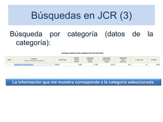 Búsquedas en JCR (3)
Búsqueda por categoría (datos de la
categoría):
64
La información que me muestra corresponde a la categoría seleccionada.
 