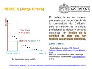 Dr. Juan Carlos Munévar Niño
INDICE h (Jorge Hirsch)
El índice h es un sistema
propuesto por Jorge Hirsch, de
la Universidad de California,
para la medición de la calidad
profesional de físicos y de otros
científicos, en función de la
cantidad de citas que han
recibido sus artículos científicos.
Tomado en línea Noviembre 2 de 2016. http://www.uchile.cl/portal/informacion-y-bibliotecas/ayudas-y-tutoriales/100617/indice-h
¿Dónde se obtiene?
•Desde la base de datos: ISI - Web of
Science, Scopus y SCImago Journal & Country
Rank.
•Para las publicaciones a través de Google
Académico se puede utilizar Publish or Perish
(PoP).
 