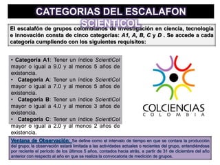 El escalafón de grupos colombianos de investigación en ciencia, tecnología
e innovación consta de cinco categorías: A1, A, B, C y D . Se accede a cada
categoría cumpliendo con los siguientes requisitos:
• Categoría A1: Tener un índice ScientiCol
mayor o igual a 9.0 y al menos 5 años de
existencia.
• Categoría A: Tener un índice ScientiCol
mayor o igual a 7.0 y al menos 5 años de
existencia.
• Categoría B: Tener un índice ScientiCol
mayor o igual a 4.0 y al menos 3 años de
existencia.
• Categoría C: Tener un índice ScientiCol
mayor o igual a 2.0 y al menos 2 años de
existencia.
• Categoría D: Tener un índice ScientiCol
mayor a 0.0 y al menos 1 año de existencia.
Ventana de Observación: Se define como el intervalo de tiempo en que se contara la producción
del grupo; la observación estará limitada a las actividades actuales o recientes del grupo, entendiéndose
por reciente el período de los últimos 5 años, contados hacia atrás, a partir de 31 de diciembre del año
anterior con respecto al año en que se realiza la convocatoria de medición de grupos.
CATEGORIAS DEL ESCALAFON
SCIENTICOL
 