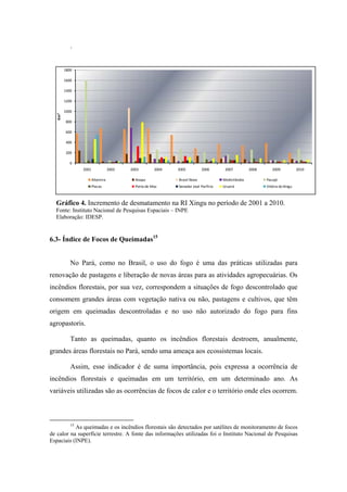 demais municípios da RI Xingu. Tal dado é preocupante, visto que Altamira tem grande parte de seu
território protegido, em virtude da existência de áreas de preservação.
Infere-se que deve haver nessa RI e, principalmente em Altamira, maior intervenção pública para
garantir que não aumente a retirada de cobertura vegetal original.
 