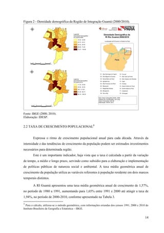 14
Figura 2 - Densidade demográfica da Região de Integração Guamá (2000/2010).
Fonte: IBGE (2000; 2010).
Elaboração: IDESP.
2.2 TAXA DE CRESCIMENTO POPULACIONAL3
Expressa o ritmo de crescimento populacional anual para cada década. Através da
intensidade e das tendências de crescimento da população podem ser estimados investimentos
necessários para determinada região.
Este é um importante indicador, haja vista que a taxa é calculada a partir da variação
de tempo, a médio e longo prazo, servindo como subsídio para a elaboração e implementação
de políticas públicas de natureza social e ambiental. A taxa média geométrica anual de
crescimento da população utiliza as variáveis referentes à população residente em dois marcos
temporais distintos.
A RI Guamá apresentou uma taxa média geométrica anual de crescimento de 1,57%,
no período de 1980 a 1991, aumentando para 1,65% entre 1991 e 2000 até atingir a taxa de
1,94%, no período de 2000-2010, conforme apresentado na Tabela 3.
3
Para o cálculo, utilizou-se o método geométrico, com informações oriundas dos censos 1991, 2000 e 2010 do
Instituto Brasileiro de Geografia e Estatística – IBGE.
 