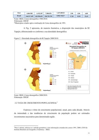 11
Pará 4.864.585 6.192.307 7.588.078 1.247.689,52 3,90 4,96 6,08
Brasil 146.917.459 169.590.693 190.755.799 8.502.728,27 17,28 19,95 22,43
Fonte: IBGE, Censo demográfico 1980-2010.
Elaboração: IDESP.
*Municípios criados após a realização do Censo demográfico de 1991.
A Fig. 2 apresenta, de maneira ilustrativa, a disposição dos municípios da RI
Tapajós, diferenciando-os conforme a sua densidade demográfica.
Figura 2 - Densidade demográfica da RI Tapajós 2000/2010.
Fonte: IBGE, Censo demográfico 2000/2010.
Elaboração: IDESP.
2.2 TAXA DE CRESCIMENTO POPULACIONAL3
Expressa o ritmo de crescimento populacional, anual, para cada década. Através
da intensidade e das tendências de crescimento da população podem ser estimados
investimentos necessários para determinada região.
3
Para o cálculo, utilizou-se o método geométrico, com informações oriundas dos censos 1991, 2000 e 2010 do
Instituto Brasileiro de Geografia e Estatística – IBGE.
 
