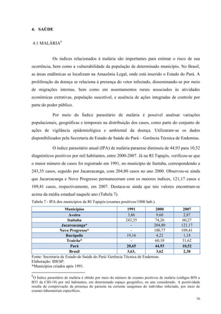 16
4. SAÚDE
4.1 MALÁRIA6
Os indíces relacionados à malária são importantes para estimar o risco de sua
ocorrência, bem como a vulnerabilidade da população de determinado município. No Brasil,
as áreas endêmicas se localizam na Amazônia Legal, onde está inserido o Estado do Pará. A
proliferação da doença se relaciona à presença do vetor infectado, disseminando-se por meio
de migrações internas, bem como em assentamentos rurais associados às atividades
econômicas extrativas, população suscetível, e ausência de ações integradas de controle por
parte do poder público.
Por meio do Índice parasitário de malária é possível analisar variações
populacionais, geográficas e temporais na distribuição dos casos, como parte do conjunto de
ações de vigilância epidemiológica e ambiental da doença. Utilizaram-se os dados
disponibilizados pela Secretaria de Estado de Saúde do Pará – Gerência Técnica de Endemias.
O índice parasitário anual (IPA) de malária paraense diminuiu de 44,93 para 10,52
diagnósticos positivos por mil habitantes, entre 2000-2007. Já na RI Tapajós, verificou-se que
o maior número de casos foi registrado em 1991, no município de Itaituba, correspondendo a
243,35 casos, seguido por Jacareacanga, com 204,80 casos no ano 2000. Observou-se ainda
que Jacareacanga e Novo Progresso permaneceram com os maiores índices, 121,17 casos e
109,41 casos, respectivamente, em 2007. Destaca-se ainda que tais valores encontram-se
acima da média estadual naquele ano (Tabela 7).
Tabela 7 - IPA dos municípios da RI Tapajós (exames positivos/1000 hab.).
Municípios 1991 2000 2007
Aveiro 3,86 9,60 2,87
Itaituba 243,35 74,26 60,27
Jacareacanga* - 204,80 121,17
Novo Progresso* - 100,77 109,41
Rurópolis 19,16 4,22 1,18
Trairão* - 60,18 31,62
Pará 20,65 44,93 10,52
Brasil 3,63, 3,62 2,38
Fonte: Secretaria de Estado de Saúde do Pará/ Gerência Técnica de Endemias.
Elaboração: IDESP.
*Municípios criados após 1991.
6
O Índice parasitário de malária é obtido por meio do número de exames positivos de malária (códigos B50 a
B53 da CID-10) por mil habitantes, em determinado espaço geográfico, no ano considerado. A positividade
resulta da comprovação da presença do parasita na corrente sanguínea do indivíduo infectado, por meio de
exames laboratoriais específicos.
 