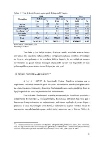 21
Tabela 10 -Total de domicílios com acesso a rede de água na RI Tapajós.
Municípios
1991 2000 2010
Rede Geral Rede Geral Rede Geral
Unid % Unid % Unid %
Aveiro 61 3,02 545 18,63 1.014 29,51
Itaituba 798 3,72 1.544 7,72 3.141 13,32
Jacareacanga* - - 401 10,89 942 41,12
Novo Progresso* - - 415 9,62 2.314 33,42
Rurópolis 271 7,3 1.119 21,61 2.812 30,15
Trairão* - - 5 0,24 50 1,24
Pará 377.837 40,10 558.213 42,64 891.356 47,94
Brasil 24.562.013 70,71 34.859.393 77,82 47.494.025 82,85
Fonte:IBGE, Censo 1991/2000.
Elaboração: IDESP.
Tais dados podem indicar aumento de riscos à saúde, associados a outros fatores
ambientais, pois a ausência ou baixa oferta do serviço com qualidade contribui à proliferação
de doenças, principalmente as de veiculação hídrica. Contudo, há necessidade de maiores
investimentos do poder público municipal, objetivando superar essa fragilidade em suas
políticas públicas para o abastecimento de água por rede geral.
5.2 ACESSO AO SISTEMA DE ESGOTO10
A Lei nº 11.445/07, da Constituição Federal Brasileira considera que o
esgotamento sanitário é constituído pelas atividades, infraestruturas e instalações operacionais
de coleta, transporte, tratamento e disposição final adequados dos esgotos sanitários, desde as
ligações prediais até o seu lançamento final no meio ambiente.
Este indicador é fundamental na avaliação das condições de saúde da população e
infraestrutura do município e, consequentemente, da qualidade ambiental, haja vista que o
lançamento de esgoto in natura, no meio ambiente, pode causar a poluição de cursos d’água e
prejudicar a saúde da população. Desta forma, o tratamento de esgotos é medida básica de
saneamento, trazendo benefícios para a coletividade e economia para o Sistema Público de
10
As variáveis utilizadas são: domicílios com ligação à rede geral; outra forma (fossa séptica, fossa sedimentar,
vala, rio, lago ou mar e outro escoadouro) e não aplicável (não tinha banheiro e nem sanitário).As informações
utilizadas para a elaboração deste indicador são oriundas dos censos 1991, 2000 e 2010 do IBGE.
 