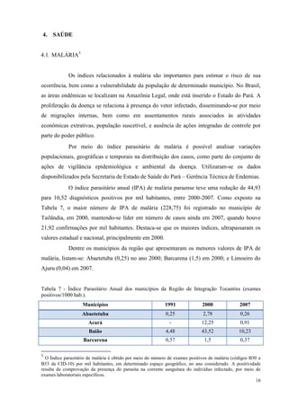 16
4. SAÚDE
4.1. MALÁRIA5
Os índices relacionados à malária são importantes para estimar o risco de sua
ocorrência, bem como a vulnerabilidade da população de determinado município. No Brasil,
as áreas endêmicas se localizam na Amazônia Legal, onde está inserido o Estado do Pará. A
proliferação da doença se relaciona à presença do vetor infectado, disseminando-se por meio
de migrações internas, bem como em assentamentos rurais associados às atividades
econômicas extrativas, população suscetível, e ausência de ações integradas de controle por
parte do poder público.
Por meio do índice parasitário de malária é possível analisar variações
populacionais, geográficas e temporais na distribuição dos casos, como parte do conjunto de
ações de vigilância epidemiológica e ambiental da doença. Utilizaram-se os dados
disponibilizados pela Secretaria de Estado de Saúde do Pará – Gerência Técnica de Endemias.
O índice parasitário anual (IPA) de malária paraense teve uma redução de 44,93
para 10,52 diagnósticos positivos por mil habitantes, entre 2000-2007. Como exposto na
Tabela 7, o maior número de IPA de malária (228,75) foi registrado no município de
Tailândia, em 2000, mantendo-se líder em número de casos ainda em 2007, quando houve
21,92 confirmações por mil habitantes. Destaca-se que os maiores índices, ultrapassaram os
valores estadual e nacional, principalmente em 2000.
Dentre os municípios da região que apresentaram os menores valores de IPA de
malária, listam-se: Abaetetuba (0,25) no ano 2000; Barcarena (1,5) em 2000; e Limoeiro do
Ajuru (0,04) em 2007.
Tabela 7 - Índice Parasitário Anual dos municípios da Região de Integração Tocantins (exames
positivos/1000 hab.).
Municípios 1991 2000 2007
Abaetetuba 0,25 2,78 0,26
Acará - 12,25 0,91
Baião 4,48 43,52 10,23
Barcarena 0,57 1,5 0,37
5
O Índice parasitário de malária é obtido por meio do número de exames positivos de malária (códigos B50 a
B53 da CID-10) por mil habitantes, em determinado espaço geográfico, no ano considerado. A positividade
resulta da comprovação da presença do parasita na corrente sanguínea do indivíduo infectado, por meio de
exames laboratoriais específicos.
 