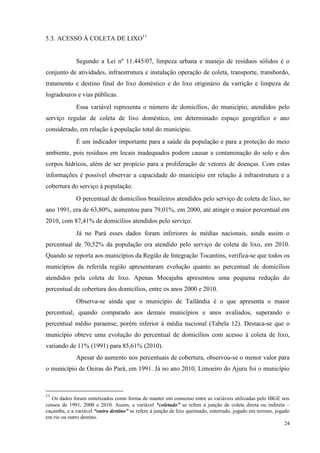 24
5.3. ACESSO À COLETA DE LIXO11
Segundo a Lei nº 11.445/07, limpeza urbana e manejo de resíduos sólidos é o
conjunto de atividades, infraestrutura e instalação operação de coleta, transporte, transbordo,
tratamento e destino final do lixo doméstico e do lixo originário da varrição e limpeza de
logradouros e vias públicas.
Essa variável representa o número de domicílios, do município, atendidos pelo
serviço regular de coleta de lixo doméstico, em determinado espaço geográfico e ano
considerado, em relação à população total do município.
É um indicador importante para a saúde da população e para a proteção do meio
ambiente, pois resíduos em locais inadequados podem causar a contaminação do solo e dos
corpos hídricos, além de ser propício para a proliferação de vetores de doenças. Com estas
informações é possível observar a capacidade do município em relação à infraestrutura e a
cobertura do serviço à população.
O percentual de domicílios brasileiros atendidos pelo serviço de coleta de lixo, no
ano 1991, era de 63,80%, aumentou para 79,01%, em 2000, até atingir o maior percentual em
2010, com 87,41% de domicílios atendidos pelo serviço.
Já no Pará esses dados foram inferiores às médias nacionais, ainda assim o
percentual de 70,52% da população era atendido pelo serviço de coleta de lixo, em 2010.
Quando se reporta aos municípios da Região de Integração Tocantins, verifica-se que todos os
municípios da referida região apresentaram evolução quanto ao percentual de domicílios
atendidos pela coleta de lixo. Apenas Mocajuba apresentou uma pequena redução do
percentual de cobertura dos domicílios, entre os anos 2000 e 2010.
Observa-se ainda que o município de Tailândia é o que apresenta o maior
percentual, quando comparado aos demais municípios e anos avaliados, superando o
percentual médio paraense, porém inferior à média nacional (Tabela 12). Destaca-se que o
município obteve uma evolução do percentual de domicílios com acesso à coleta de lixo,
variando de 11% (1991) para 85,61% (2010).
Apesar do aumento nos percentuais de cobertura, observou-se o menor valor para
o município de Oeiras do Pará, em 1991. Já no ano 2010, Limoeiro do Ajuru foi o município
11
Os dados foram sintetizados como forma de manter um consenso entre as variáveis utilizadas pelo IBGE nos
censos de 1991, 2000 e 2010. Assim, a variável “coletado” se refere à junção de coleta direta ou indireta –
caçamba, e a variável “outro destino” se refere à junção de lixo queimado, enterrado, jogado em terreno, jogado
em rio ou outro destino.
 