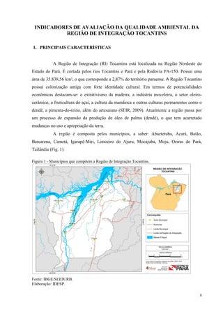 8
INDICADORES DE AVALIAÇÃO DA QUALIDADE AMBIENTAL DA
REGIÃO DE INTEGRAÇÃO TOCANTINS
1. PRINCIPAIS CARACTERÍSTICAS
A Região de Integração (RI) Tocantins está localizada na Região Nordeste do
Estado do Pará. É cortada pelos rios Tocantins e Pará e pela Rodovia PA-150. Possui uma
área de 35.838,56 km², o que corresponde a 2,87% do território paraense. A Região Tocantins
possui colonização antiga com forte identidade cultural. Em termos de potencialidades
econômicas destacam-se: o extrativismo da madeira, a indústria moveleira, o setor oleiro-
cerâmico, a fruticultura do açaí, a cultura da mandioca e outras culturas permanentes como o
dendê, a pimenta-do-reino, além do artesanato (SEIR, 2009). Atualmente a região passa por
um processo de expansão da produção de óleo de palma (dendê), o que tem acarretado
mudanças no uso e apropriação da terra.
A região é composta pelos municípios, a saber: Abaetetuba, Acará, Baião,
Barcarena, Cametá, Igarapé-Miri, Limoeiro do Ajuru, Mocajuba, Moju, Oeiras do Pará,
Tailândia (Fig. 1).
Figura 1 - Municípios que compõem a Região de Integração Tocantins.
Fonte: IBGE/SEIDURB.
Elaboração: IDESP.
 