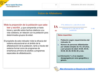 María Isabel Bautista                                  13                         Indicadores del sector educativo
   mbautista@aldeae.com




                                         Índice de Alfabetismo



Mide la proporción de la población que sabe                         Nº de alfabetos de x y más años de edad

  leer y escribir, y que comprende un texto              IA           Población de X y más años de edad        X 100
   breve y sencillo sobre hechos relativos a su           =                      considerado
   vida cotidiana, en relación con la población para
   determinados grupos de edad.                               Datos requeridos:


                                                              1.   Población según requerimientos del
El propósito de este indicador mide la eficacia del
                                                                   indicador IA.
    sistema educacional en el ámbito de la
                                                              2.   Número de personas alfabetizadas
    alfabetización de la población, tanto a través del             por edades simples de 15 a 24 años,
    sistema formal como de programas de                            y por grupos de edad: 25-29, 30-34,
    enseñanza primaria de adultos y programas                      35-39, 40–49, 50-59, 60 y más.
    especiales de alfabetización.
                                                              La información 1 y 2 se requiere
                                                                  desagregada por zona geográfica y
                                                                  género.




                                                                   Más información en Glosario de la UNESCO
 