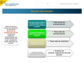 María Isabel Bautista                              9                Indicadores del sector educativo
  mbautista@aldeae.com




                           Elección del indicador




                         ¿Puede nuestro sistema             • Tasa bruta de
                          de educación acoger a               escolarización
                         todos los niños en edad
  Antes de iniciar el            escolar?
cálculo de indicadores
    es importante
    determinar el
problema de estudio       ¿Cuántas personas en               • Tasa neta de
    y hacerse las        edad escolar están en la             escolarización
      preguntas                 escuela?
 esclarecedoras que
 pueden orientar cual
  es el indicador de
estudio adecuado, por                                   • Tasa neta de admisión
       ejemplo:            ¿Cuántas personas
                          empiezan la escuela?



                                                              • Análisis de
                            ¿Cuánto tiempo              cohorte, esperanza de vida
                          permanecen en ella?
                                                                  escolar
 