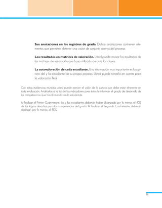 Sus anotaciones en los registros de grado. Dichas anotaciones contienen ele-
           mentos que permiten obtener una visión de conjunto acerca del proceso.

           Los resultados en matrices de valoración. Usted puede revisar los resultados de
           las matrices de valoración que haya utilizado durante las clases.

           La autovaloración de cada estudiante. Una información muy importante es la opi-
           nión del y la estudiante de su propio proceso. Usted puede tomarlo en cuenta para
           la valoración final.

Con estas evidencias reunidas usted puede ejercer el valor de la justicia que debe estar inherente en
toda evaluación. Analícelas a la luz de los indicadores pues éstos le informan el grado de desarrollo de
las competencias que ha alcanzado cada estudiante.

Al finalizar el Primer Cuatrimestre, los y las estudiantes deberán haber alcanzado por lo menos el 40%
de los logros descritos para las competencias del grado. Al finalizar el Segundo Cuatrimestre, deberán
alcanzar, por lo menos, el 80%.




                                                                                                           15
 