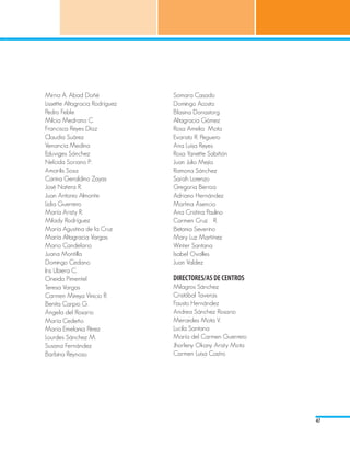 Mirna A. Abad Doñé 	              Somara Casado			
Lissette Altagracia Rodríguez 	   Domingo Acosta			
Pedro Feble				                   Blasina Donastorg			
Milcia Medrano C.			              Altagracia Gómez 			
Francisca Reyes Díaz 			          Rosa Amelia Mota 			
Claudia Suárez 			                Evaristo R. Peguero 			
Venancia Medina 			               Ana Luisa Reyes			
Eduviges Sánchez 			              Rosa Yanette Sabiñón			
Nelcida Soriano P. 			            Juan Julio Mejía 			
Amarilis Sosa 				                Ramona Sánchez			
Carina Geraldino Zayas		          Sarah Lorenzo 			
José Natera R.				                Gregoria Berroa 			
Juan Antonio Almonte 		           Adriano Hernández			
Lidia Guerrero 			                Martina Asencio			
María Aristy R.			                Ana Cristina Paulino			
Milady Rodríguez 			              Carmen Cruz	 R.			
María Agustina de la Cruz		       Betania Severino 			
María Altagracia Vargas 		        Mary Luz Martínez			
Mario Candelario 			              Winter Santana 			
Juana Montilla				                Isabel Ovalles				
Domingo Cedano			                 Juan Valdez 						
Iris Ubiera C.				                				
Oneida Pimentel			                DIRECTORES/AS DE CENTROS
Teresa Vargas 				                Milagros Sánchez			
Carmen Mireya Vinicio R. 		       Cristóbal Taveras 			
Benita Carpio G.			               Fausto Hernández 			
Ángela del Rosario			             Andrea Sánchez Rosario		
María Cedeño				                  Mercedes Mota V.			
María Emelania Pérez			           Lucila Santana				
Lourdes Sánchez M.			             María del Carmen Guerrero		
Susana Fernández 			              Jhorleny Okany Aristy Mota		
Barbina Reynoso 			               Carmen Luisa Castro			




                                                                 47
 