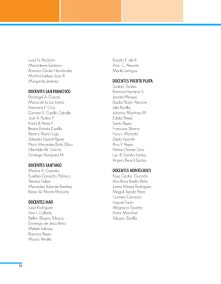 Luisa N. Perdomo 			            Rosalía E. del R.
     María Irene Santana			          Ana C. Almonte
     Romana Cecilia Hernández.		     Marilú Lantigua
     Martha Ivelisse Sosa R.		
     Margarita Jiménez 			           DOCENTES PUERTO PLATA
                                     Sunilda Toribio
     DOCENTES SAN FRANCISCO          Ramona Herminia S.
     Florángel A. García 		          Jacinta Minaya
     Maria de la Luz Ureña 		        Basilia Payán Almonte
     Francisca F. Cruz 			           Julia Bonilla
     Carmen E. Castillo Ceballo 		   Johanny Martínez M.
     José A. Paulino P. 			          Eulalia Reyes
     Karla B. Pérez F.			            Santa Reyes
     Ileana Batista Castillo 		      Francisca Silverio
     Beatriz Reyna Lugo 			          Nurys Moronta
     Zobeida Espinal Rguez. 		       Zaida Aponte
     Noris Mercedes Brito Olivo		    Ana V. Reyes
     Cleotilde Alt. García 			       Fátima Gómez Díaz
     Sorange Mosquea M. 		           Luz B. Escaño Santos
                                     Virginia Beard Santos
     DOCENTES SANTIAGO
     Minirka A. Guzmán               DOCENTES MONTECRISTI
     Eusebia Camacho Polanco         Rosa Cecilia Guzmán
     Témesis Felipe                  Ana Rosa Basilio Peña
     Mercedes Yolanda Ramírez        Juana Mireya Rodríguez
     Kenia M. Marte Moronta          Magali Tejada Pérez
                                     Carmen Carrasco
     DOCENTES MAO                    Haymé Fanini
     Luisa Rodríguez                 Altagracia Tavárez
     Ana L. Collado                  Víctor Marichal
     Belkis Blasina Polanco          Yokasta Bonilla
     Domingo de Jesús Peña
     Mélida Estévez
     Ramona Reyes
     Maura Peralta




52
 