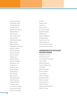 Margarita Sánchez 			         Iris Báez 				
     Fanny Melo Abreu 			          Glennys Inesia 				
     Arisleyda Pascual 			         Heidy Luna 				
     Oscadia Frías U.			           Santa García 				
     Isabel Cristina Morel 			     Ana Loida Ovalle 			
     Rosalba Pérez R.			           Roquilina Madera 			
     Yemmy Portes 				             Wanda Féliz 				
     Vivian Cindy Durán 			        María S. Balbuena 			
     Sagrario Díaz 				            Claudia Vargas 				
     Rosa Milcia Martínez 			      Rosa N. de la Cruz 			
     Berenice Soto 				            Ayda Espinosa M. 			
     Belkys Quiñones 			           Lorenza Marilys Heredia 		
     Nilda Venecia Ferreras 		     Secundina de los Santos 		
     Ingrid M. Jiménez 			
     José Luis Tejada C.			        COORDINADORES/AS DE INSTITUCIONES
     María A. Bautista 			         EDUCATIVAS PRIVADAS
     Ingrid S. Fabián 			          Yudelis Féliz Canario
     Altagracia H. 				            Katy Durán Suriel
     Epifania Peralta 			          Lucía Pascual Hernández
     Faustina González			          Socorro Féliz
     Ruth Esther Arias			          Liesl de Marchena
     Yudelkis Deris 				           Carmen Melenciano
     María de Jesús 			            Gina Rubio
     Elodia Santiago 			           Celeste Lemonier
     Desirée Reyes 				            Ramona Peralta
     Rosi de Pérez 				            Carmen Díaz
     Keyla Javier B.				           Gloria de Vargas
     Margarita Núñez 			           Yocasta Méndez
     Nerys Martínez 			            Ramona Carpio
     Yokasta Martínez 			          Marianni García
     Fiordaliza Suero 			          Adria Manzana
     Lic. Flor de Liz Ramírez 		   Margarita Santana Piña
     María Ramona Ruiz 			         Marilyn Gómez
     Ángel N. de la Rosa 			
56
 