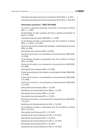 Série estudos e pesquisas________________________________________________________________________	
Indicadores de desenvolvimento sustentável: Brasil 2012, n. 9, 2012.
Indicadores de desenvolvimento sustentável: Brasil 2015, n. 109, 2015
Informação econômica - ISSN 1679-480X
As micros e pequenas empresas comerciais e de serviços no Brasil
2001, n. 1, 2003.
Caracterização do setor produtivo de flores e plantas ornamentais no
Brasil, n. 2, 2004.
Indicadores agropecuários 1996-2003, n. 3, 2004.
As fundações privadas e associações sem fins lucrativos no Brasil
2002, n. 4, 2004. 2. ed. 2004.
Economia do turismo: análise das atividades: características do turismo
2003, n.5, 2006.
Demografia das empresas 2005, n.6, 2007.
Economia do turismo: uma perspectiva macroeconômica 2000-2005,
n.7, 2008.
As fundações privadas e associações sem fins lucrativos no Brasil
2005, n.8, 2008.
Economia da saúde: uma perspectiva macroeconômica 2000-2005,
n.9, 2008.
Demografia das empresas 2006, n.10, 2008.
O setor de tecnologia da informação e comunicação no Brasil, 2003-2006,
n.11, 2009.
Economia do turismo: uma perspectiva macroeconômica 2003-2006,
n.12, 2009.
Economia do turismo: uma perspectiva macroeconômica 2003-2007,
n.13, 2010.
Demografia das empresas 2008, n. 14, 2010.
Estatísticas de empreendedorismo 2008, n. 15, 2011.
Demografia das empresas 2009, n. 16, 2011.
Demografia das empresas 2010, n. 17, 2012.
Economia do turismo: uma perspectiva macroeconômica 2003-2009,
n.18, 2012.
Estatísticas de Empreendedorismo 2010, n. 19, 2012.
As fundações privadas e associações sem fins lucrativos no Brasil
2010, n.20, 2012.
Demografia das Empresas 2011, n. 21, 2013.
Estatísticas de Empreendedorismo 2011, n. 22, 2013.
Demografia das Empresas 2012, n. 23, 2014.
Estatísticas de Empreendedorismo 2012, n. 24, 2014.
Demografia das Empresas 2013, n. 25, 2015.
Estatísticas de Empreendedorismo 2013, n. 26, 2015.
 