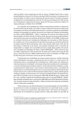 Aspectos demográficos__________________________________________________________________________	
anos de idade e maior esperança de vida ao nascer. A Região Norte tinha a maior
probabilidade de morte de 15 a 59 anos de idade (183,6 mortes por mil pessoas de 15
anos de idade), em 2014, e menor esperança de vida ao nascer (71,8 anos); enquanto
na Região Sul a probabilidade de morte de 15 a 59 anos de idade foi de 119,3 mortes
por mil pessoas e a esperança de vida ao nascer de 77,2 anos, conforme o Gráfico 1.5
nesta publicação e aTabela 1.8 no CD-ROM.
Um indicador de mortalidade que reflete a sobrevida dos idosos é a esperança
de vida aos 60 anos de idade, que mede o número médio de anos que se espera que
uma pessoa com 60 anos de idade tenha de vida, mantendo o padrão de mortalidade
existente na população em estudo. De acordo com dados da Projeção da População
por Sexo e Idade (PROJEÇÃO..., 2013), a esperança de vida de uma pessoa aos 60
anos de idade, em 2014, seria de 21,9 anos, sendo que para os homens este indicador
seria de 20,0 anos e para as mulheres de 23,6 anos (Tabela 1.8, CD-ROM). O diferencial
no indicador feminino por Unidades da Federação era marcante em 2014: Roraima
foi o estado com menor expectativa de vida (20,3 anos) para as mulheres de 60 anos
de idade e Espírito Santo apresentou valor mais elevado (25,6 anos). Este tipo de
informação é relevante ao se pensar nas questões colocadas entre o aumento da
longevidade e a relação com a previdência social e saúde desse público. De acordo
com a Projeção da População por Sexo e Idade (PROJEÇÃO..., 2013), estima-se que
em 2030 a esperança de vida aos 60 anos de idade para ambos sexos seja de 23,8
anos, e atinja 25,2 anos em 2060. O diferencial por sexo no indicador, em 2060, seria
de 23,0 anos para os homens e 27,2 anos para as mulheres.
A distribuição da mortalidade por grupos etários pode ser medida utilizando
vários indicadores, entre eles, a esperança de vida ao nascer4
é o mais comum. Os
indicadores sobre a variabilidade da mortalidade por idade podem ser obtidos por
meio das tábuas de mortalidade. Uma função disponível nas tábuas de mortalidade é
o número de pessoas que atingem a idade x, no período de tempo analisado, ou seja,
a sobrevivência à idade exata x. Esta função é denominada como lx
nas tabelas de
sobrevivência, e é conhecida também como curva de sobrevivência. Normalmente esta
função inicia-se com o valor de 100 mil pessoas à idade exata 0, e, dada a distribuição de
mortes por idades, vai diminuindo com o aumento da idade (Gráfico 1.6). Desta forma,
para 100 mil nascidos vivos no quinquenio 1950-1955, 86 349 atingiam a idade exata
de 1 ano, mantido o padrão de mortalidade observado no período (WORLD,...2015b).
Este indicador projetado para o quinquenio 2090-2095 seria de 99 730 pessoas (Gráfico
1.6). O grande aumento neste indicador é reflexo da forte diminuição da mortalidade
infantil, observada e projetada.
Pode-se dizer que, nas últimas décadas e nos anos da projeção, há uma tendência
de aumento do número de pessoas que sobrevivem em cada idade exata, ou seja,
diminui o número de mortes entre cada idade exata5
. Uma forma de mensurar a
distribuição da mortalidade por grupos etários é dada pela idade em que 90% da
4
A esperança de vida ao nascer é um indicador de longevidade populacional que corresponde, também, à idade média
à morte, ao manter o padrão de mortalidade observado no período.
5
A diminuição do número de mortes entre cada idade exata está associada com o fenômeno conhecido como compressão
da mortalidade, que consiste em um aumento da concentração da idade à morte e também a uma “retangularização” da
curva de sobrevivência (WILMOTH; HORIUCHI, 1999). Diferentes indicadores para medir a compressão da mortalidade
são mencionados em Wilmoth e Horiuchi (1999); e Gonzaga, Queiroz e Machado (2008).
 